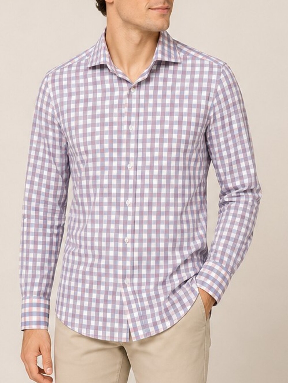 Perry Ellis Dress Shirt Pink Blue Gingham Slim Fit Men Small 14.5 32/33 Business